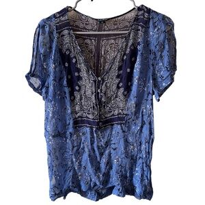 Lucky Brand Blue and White Paisley V-Neck Blouse